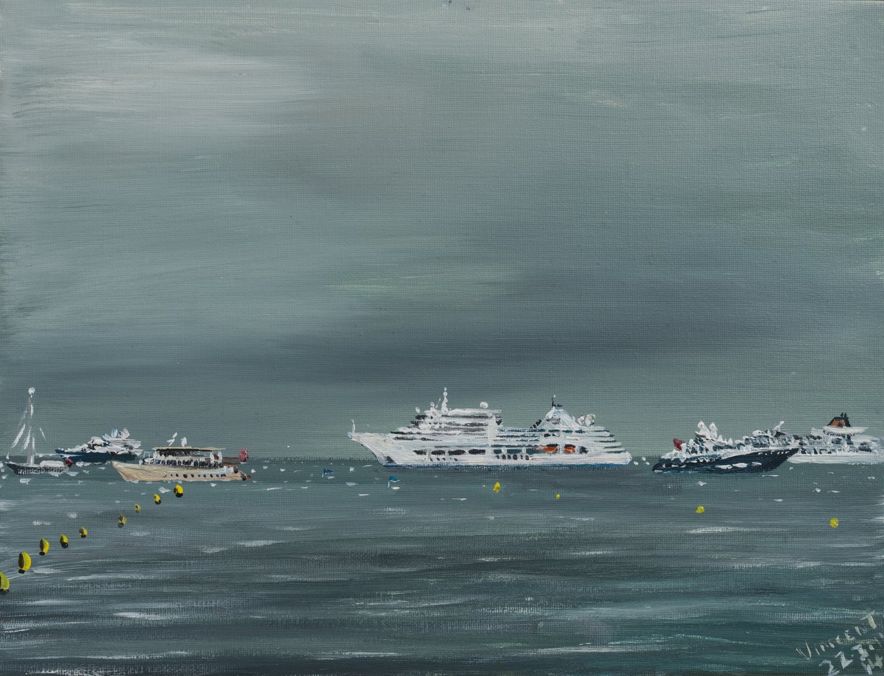 Skibe og både i Cannes, 2014, (akryl på lærredsplade) af Vincent Alexander Booth