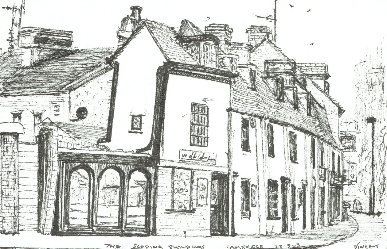 Skrånende bygninger Cambridge, 2003, (Blæk på papir) af Vincent Alexander Booth