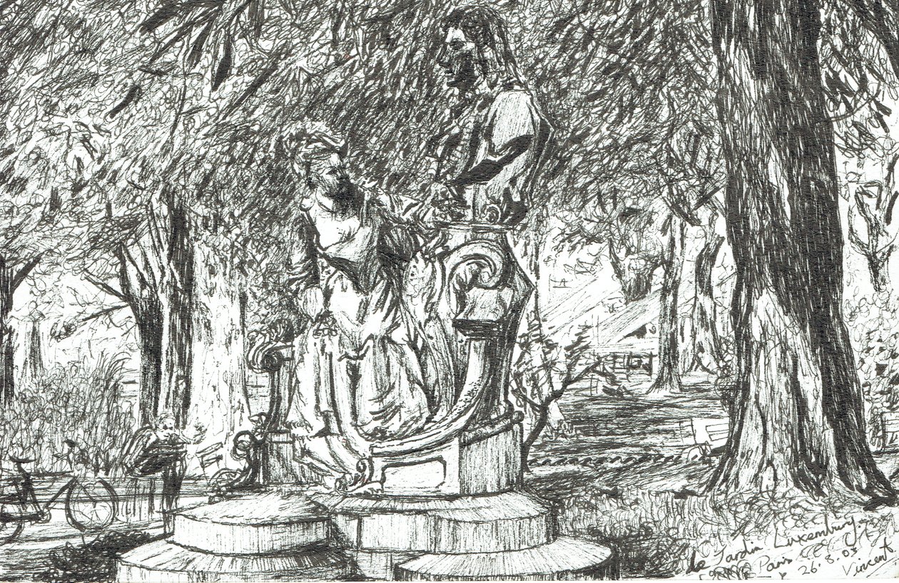 Statue i Jardin Luxembourg Paris, 2003, (Blæk på papir) af Vincent Alexander Booth