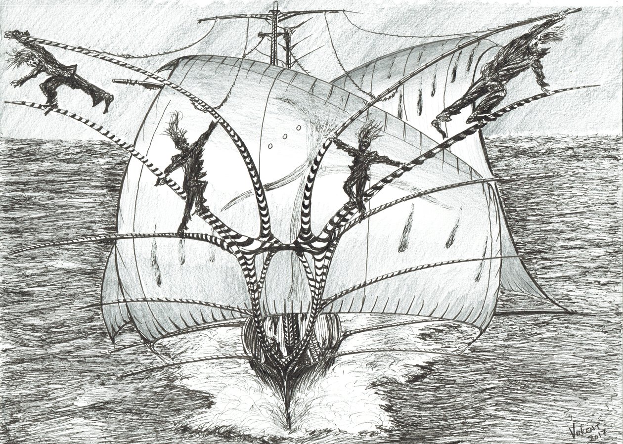 Storm Creators Bismarck Sea, 2017, (blæk på papir) af Vincent Alexander Booth