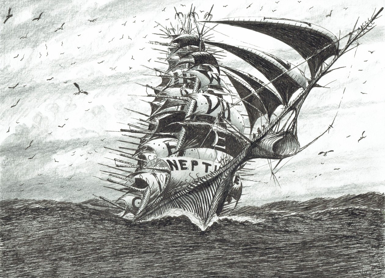 Storm Creators Cape Dolphin, 2024 (blæk og blyant på papir) af Vincent Alexander Booth