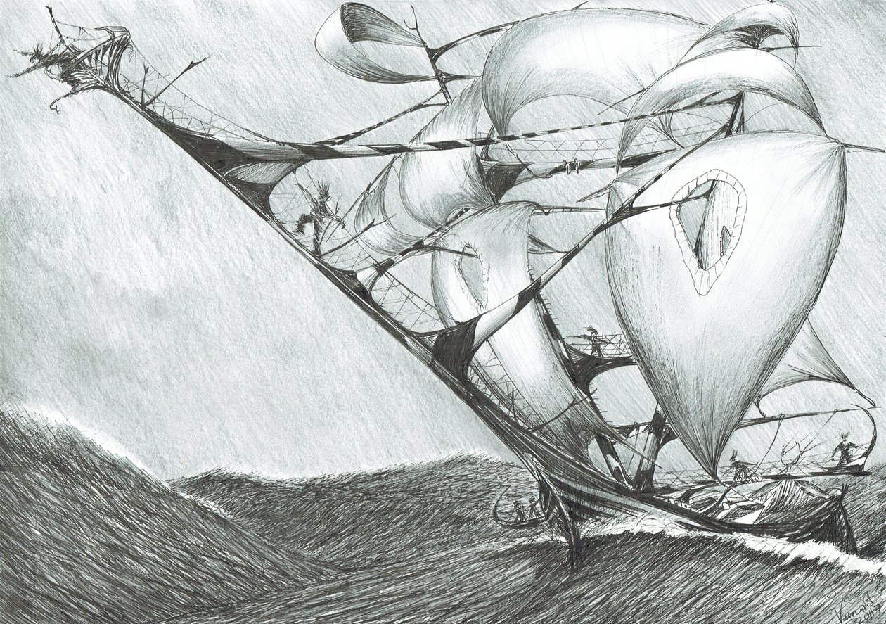 Storm Creators Caspian Sea, 2017, (blæk på papir) af Vincent Alexander Booth