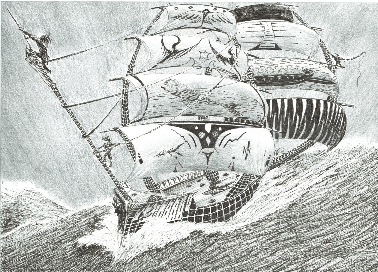 Storm Creators Irish Sea, 2017, (blæk på papir) af Vincent Alexander Booth