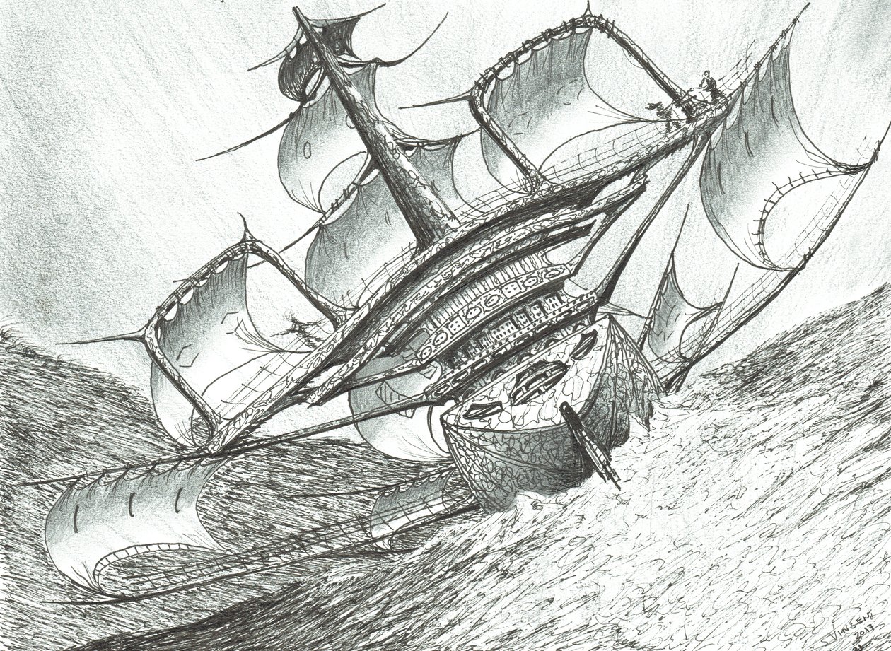 Storm Creators Risser-Larson Sea, 2017, (blæk på papir) af Vincent Alexander Booth