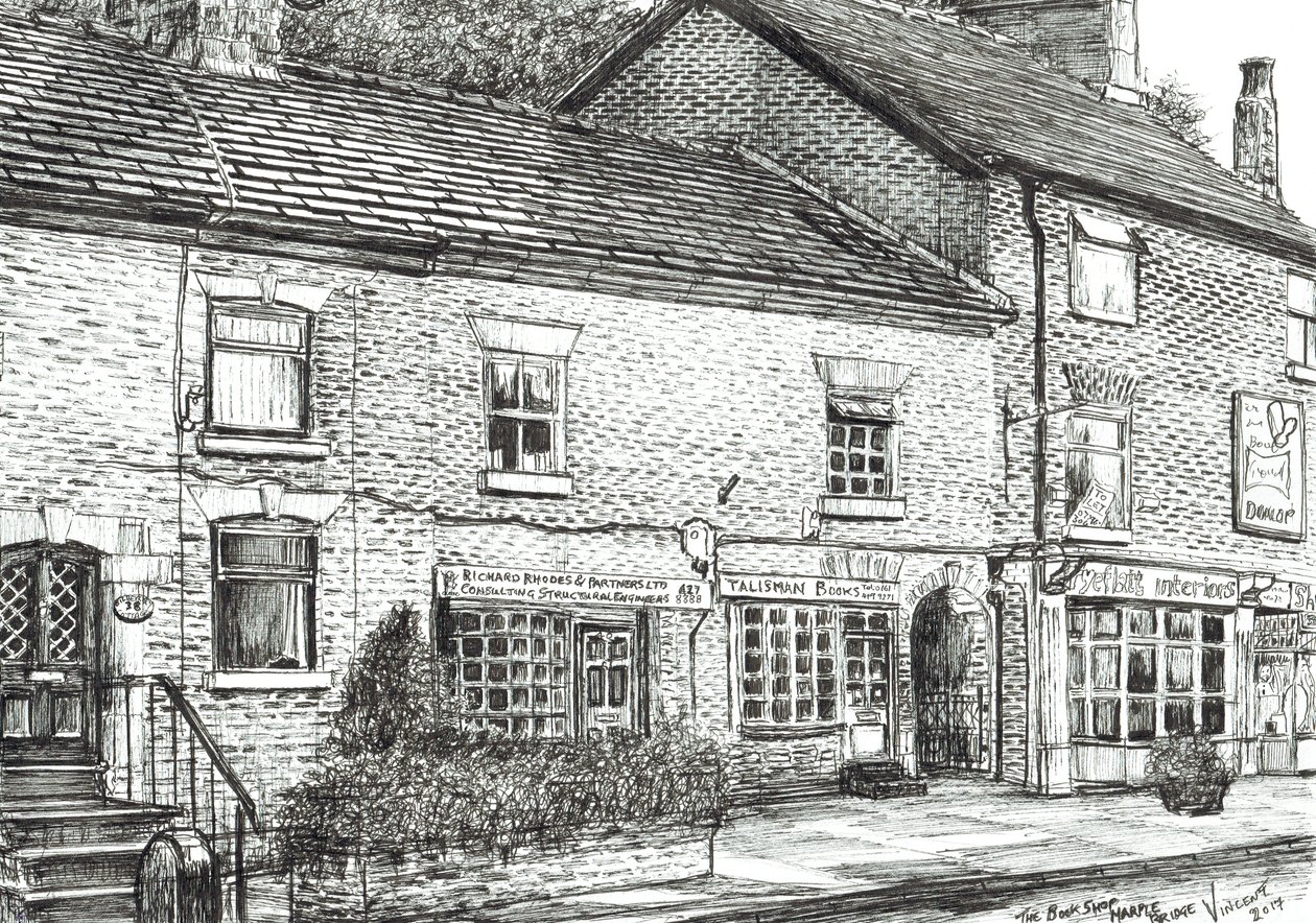 The Book shop at Marple Bridge, 2017, (blæk på papir) af Vincent Alexander Booth