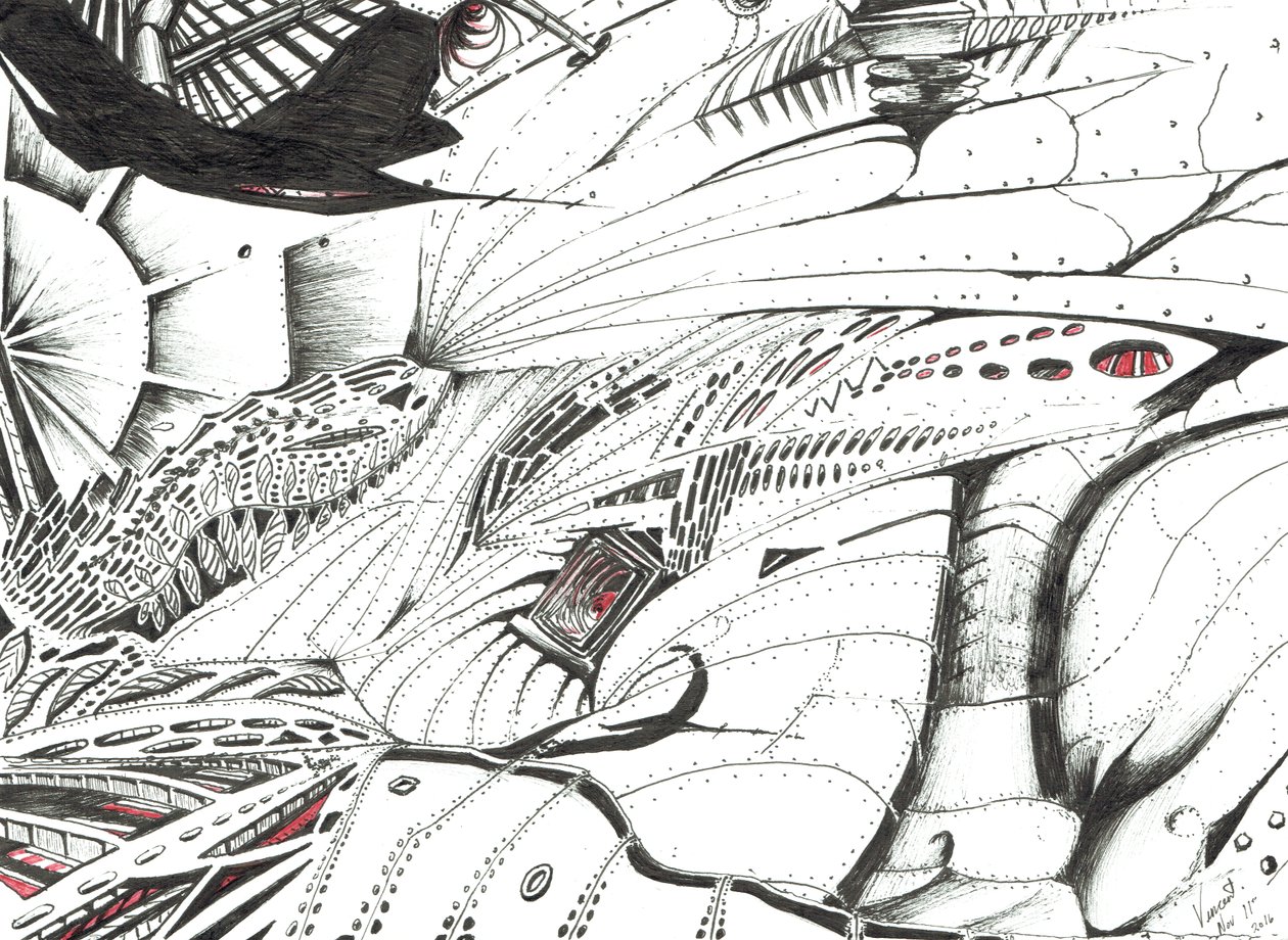 The Bringer of Red, 2016, (blæk på papir) af Vincent Alexander Booth