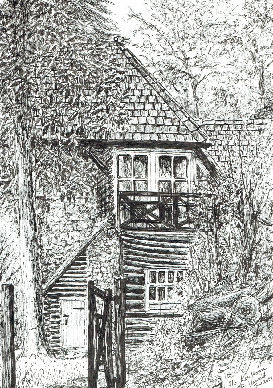The Log House, 2019, (blæk på papir) af Vincent Alexander Booth