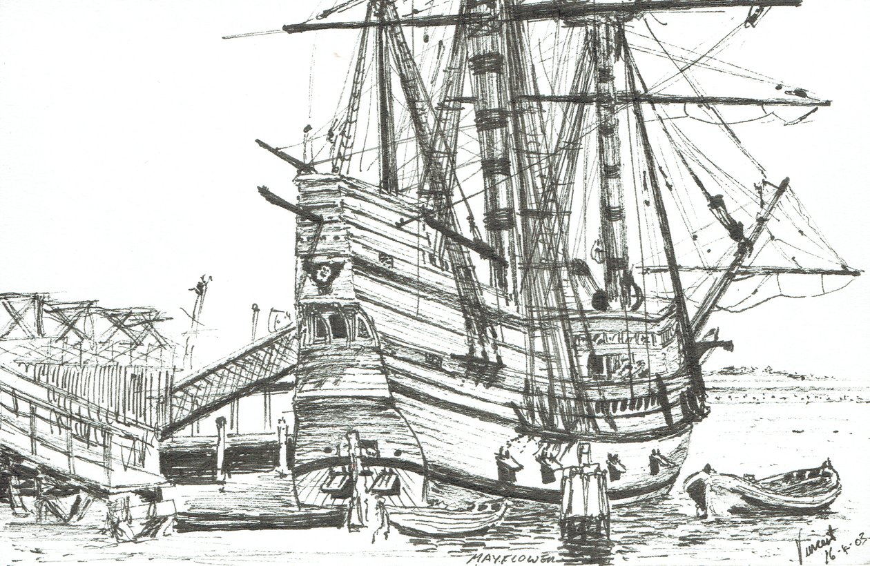 The Mayflower, Plymouth, Massachusetts. 2003, (blæk på papir) af Vincent Alexander Booth