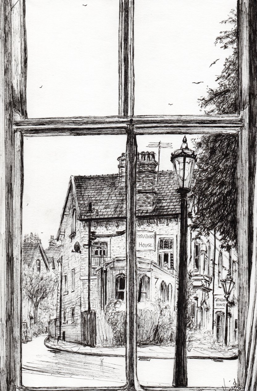Udsigt fra Old Hall Hotel Buxton, 2009, (blæk på papir) af Vincent Alexander Booth