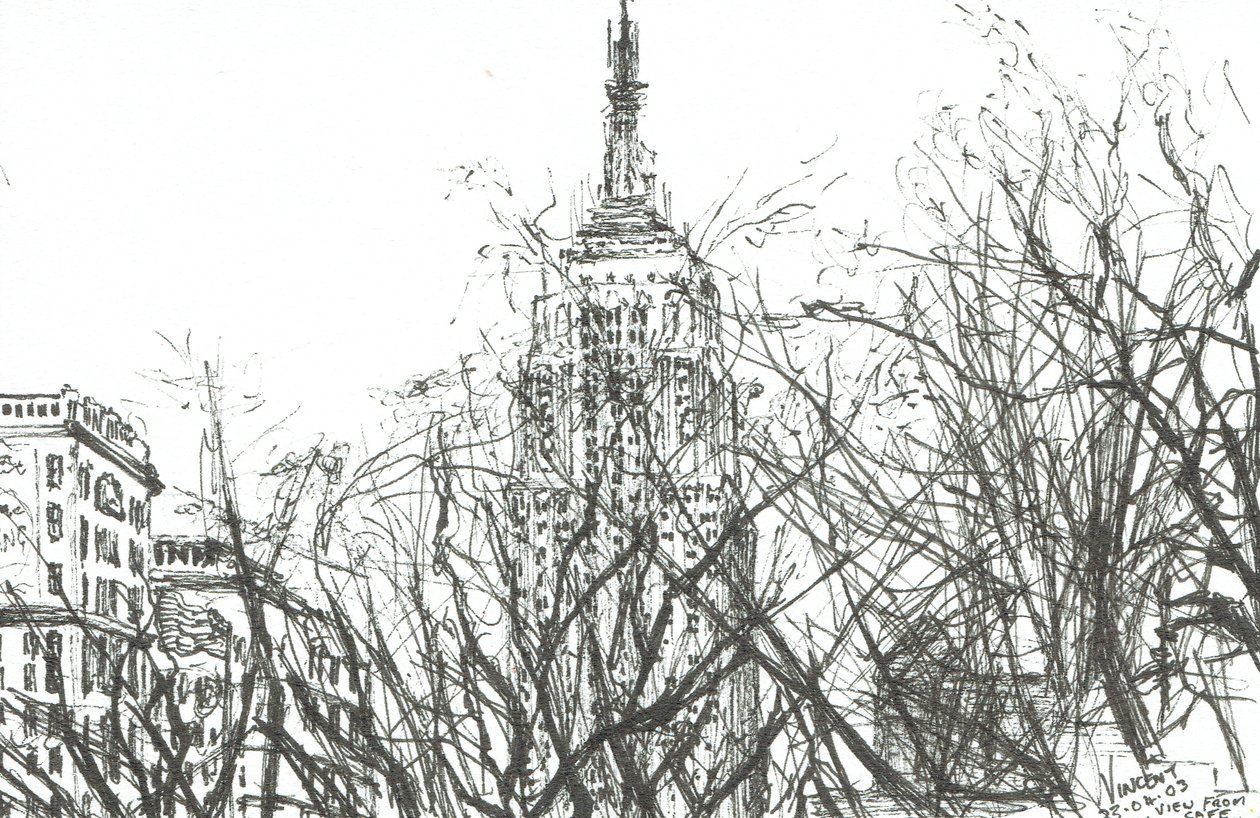 Udsigt fra cafe New York, 2003, (Blæk på papir) af Vincent Alexander Booth