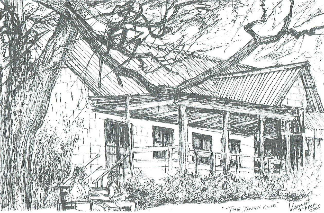 Yachtklub ved Lake Naivasha;Kenya; 2006; (blæk på papir) af Vincent Alexander Booth