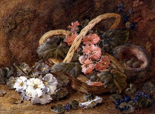 En fuglerede og en kurv med blomster (akvarel) af Vincent Clare