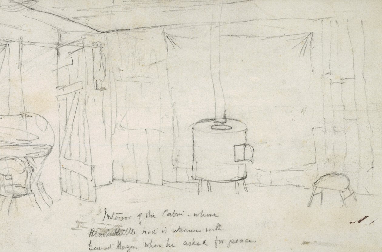 Interiør af hytten, hvor Black Kettle havde sin mellemtid med general Hazen, da han bad om fred, 1869-71 af Vincent Colyer
