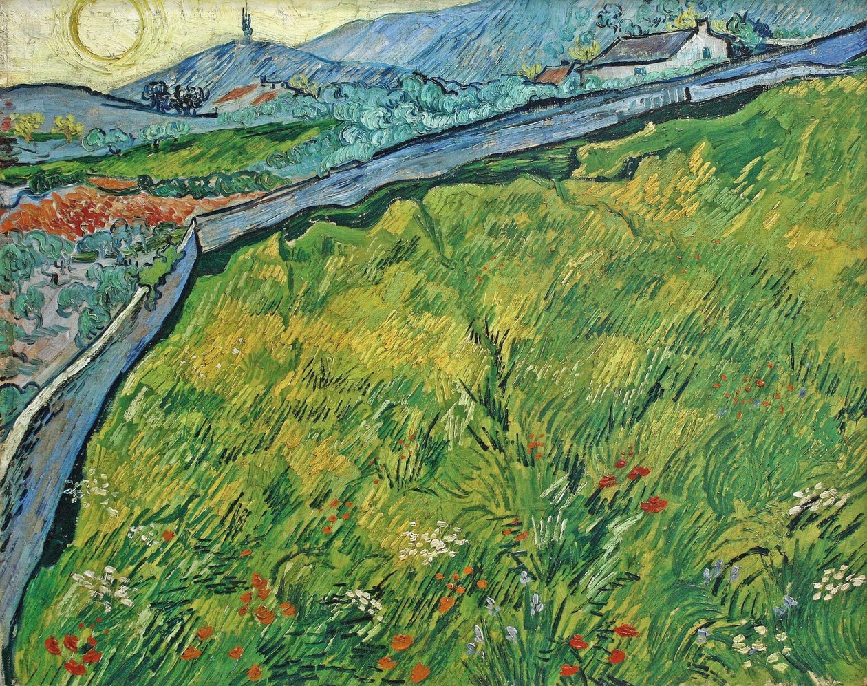 Lukket hvedemark med opgående sol, 1889. af Vincent van Gogh
