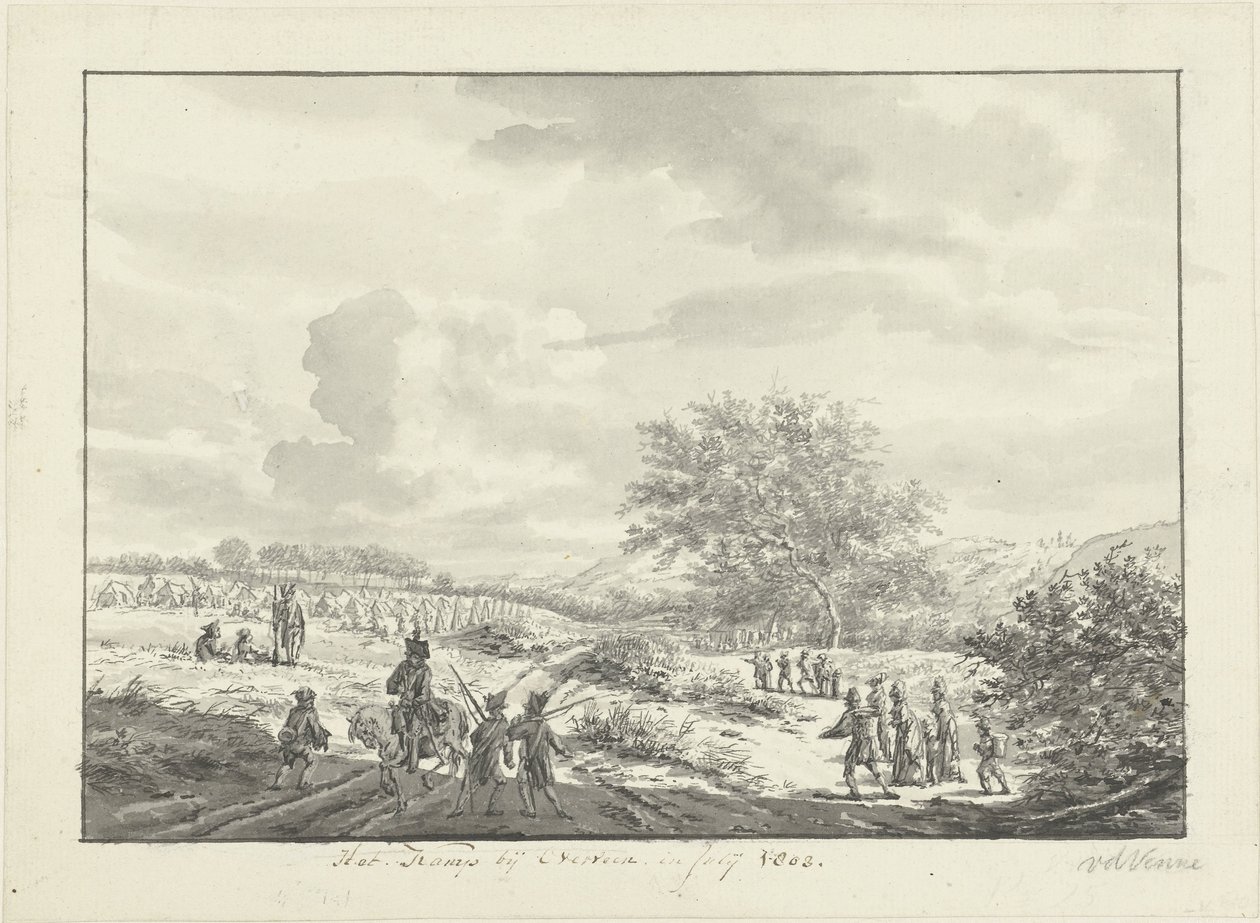 Hærlejr i klitterne nær Overveen i juli 1803 Lejren nær Overveen, i juli 1803 (titel på objekt) af Vincent Jansz. van der Vinne