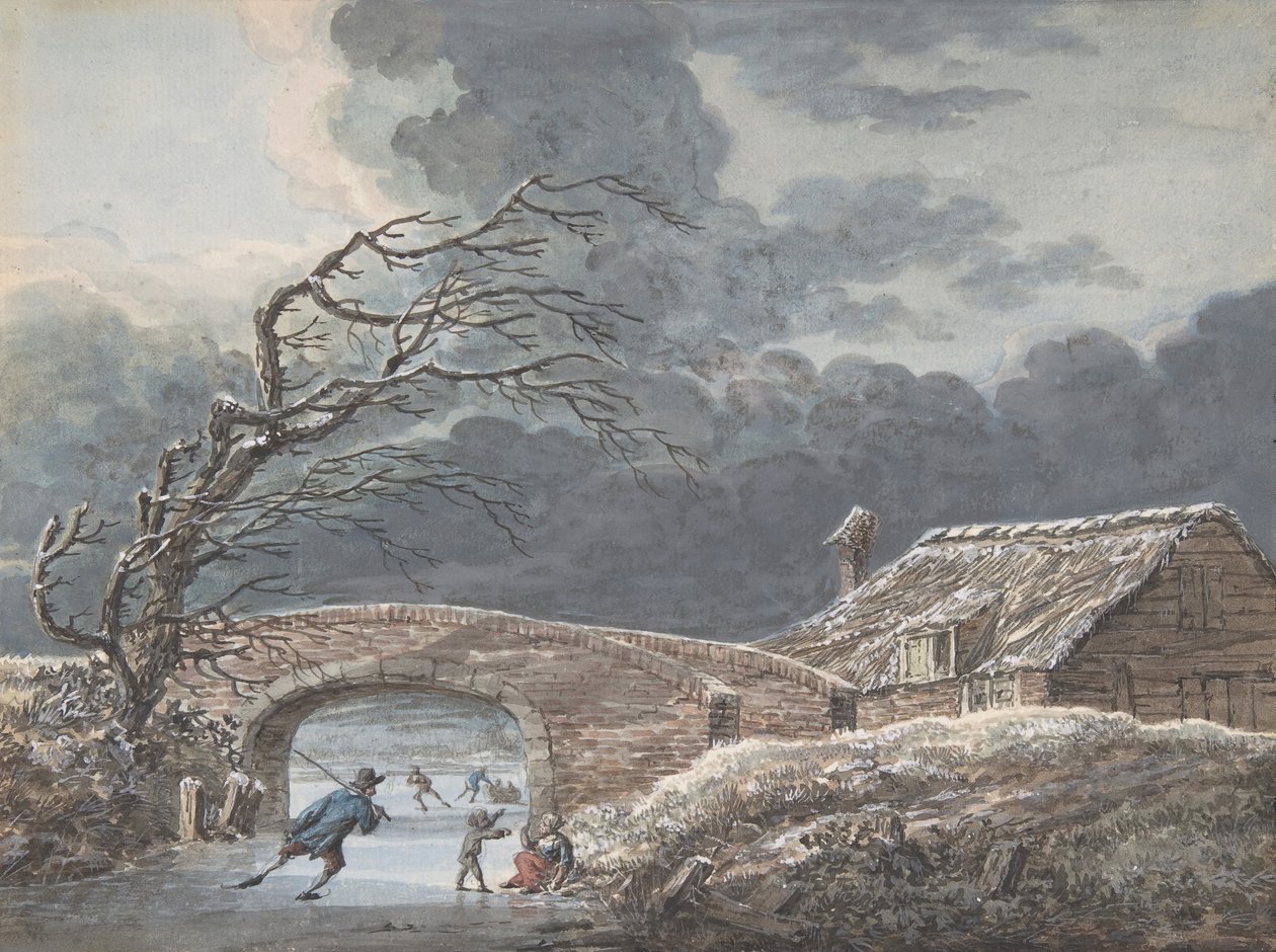 Vinterlandskab med skatere på en frossen kanal, n.d.. af Vincent Jansz. van der Vinne