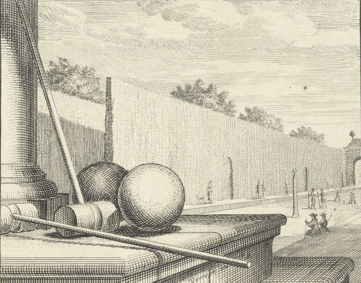 Kroketattributter med kroketspillere i baggrunden, 1714. af Vincent Laurensz Vinne van der