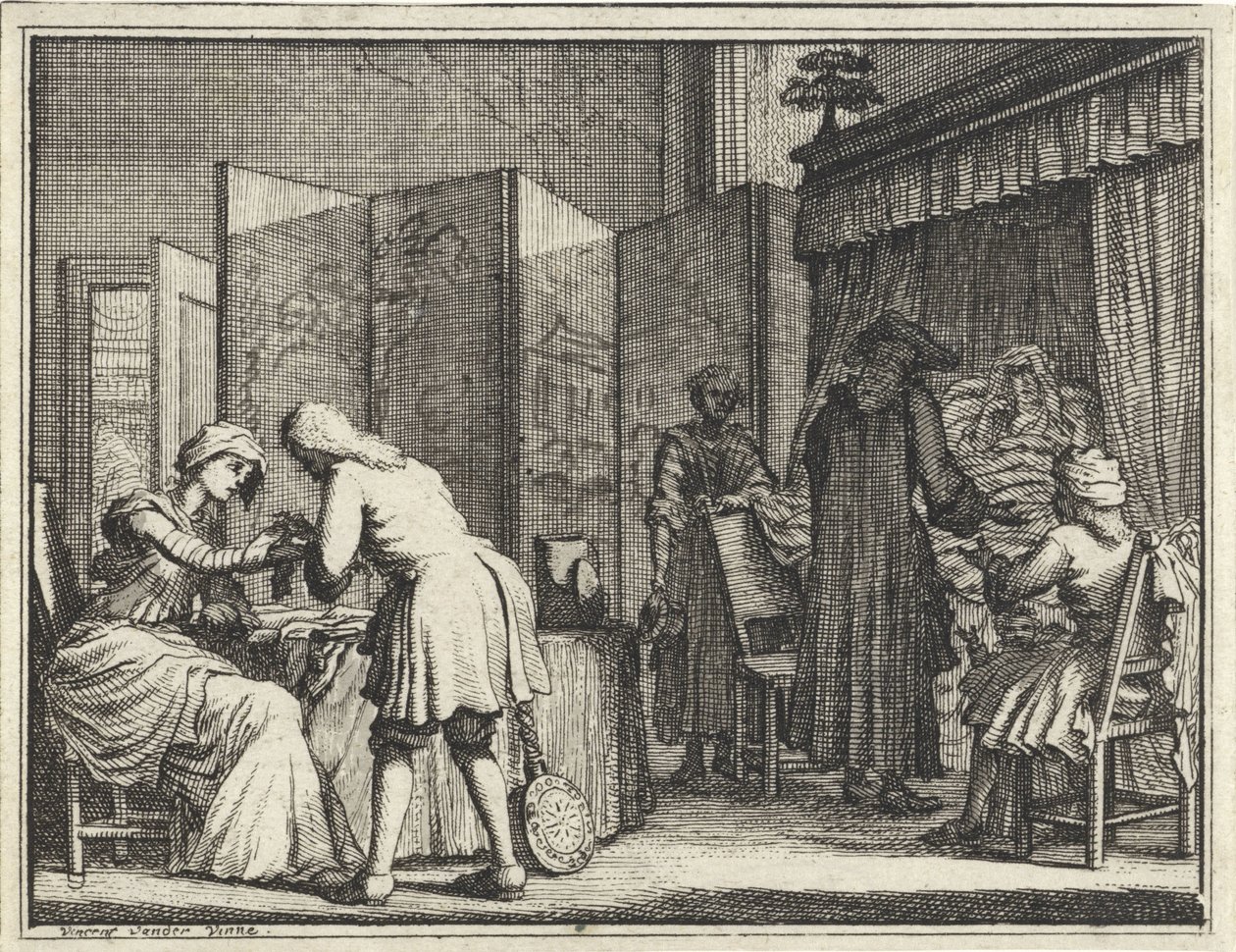 Figurer omkring en syge seng og en læge, der forbinder en kvinde af Vincent Laurensz. van der Vinne (II)
