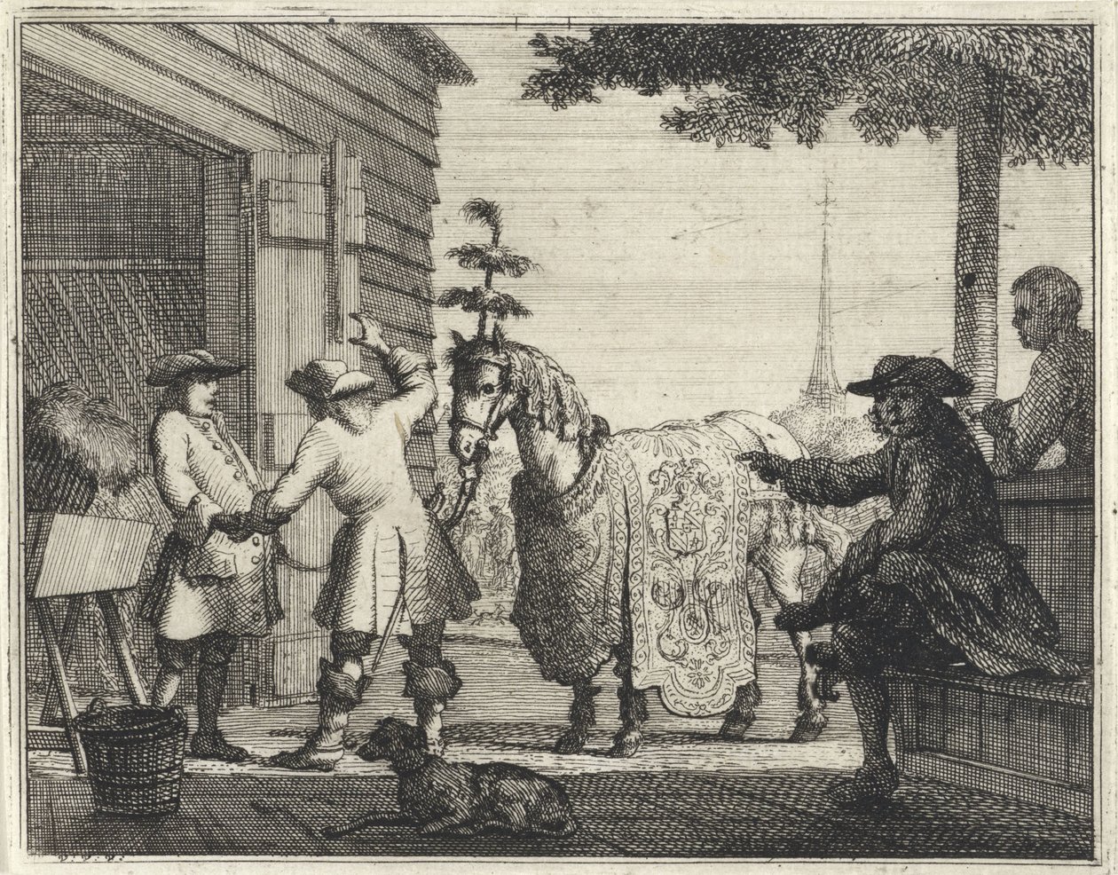 Handlende ved en rigt dekoreret hest af Vincent Laurensz. van der Vinne (II)