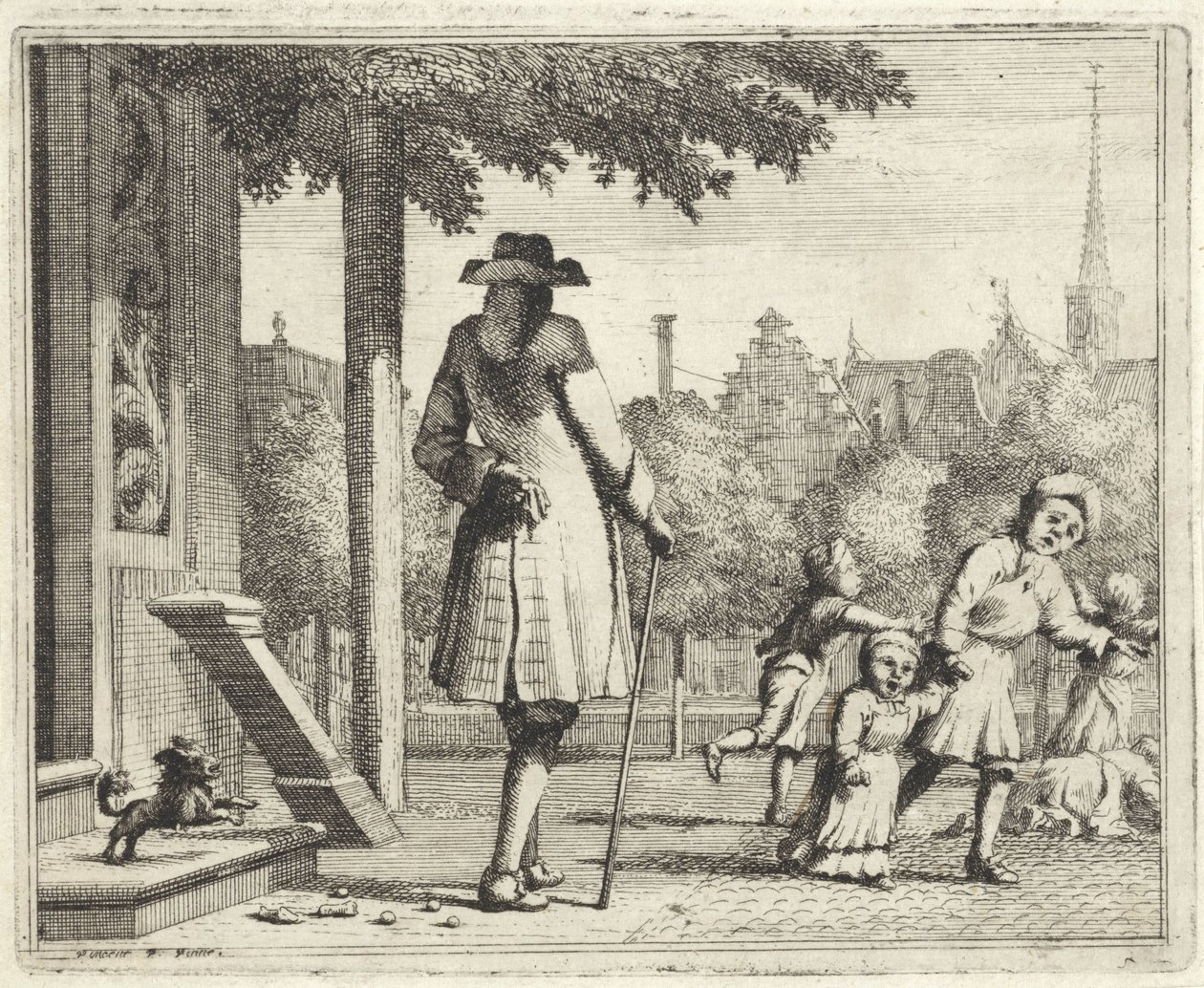 Hund gøer ad en mand i en gade af Vincent Laurensz. van der Vinne (II)