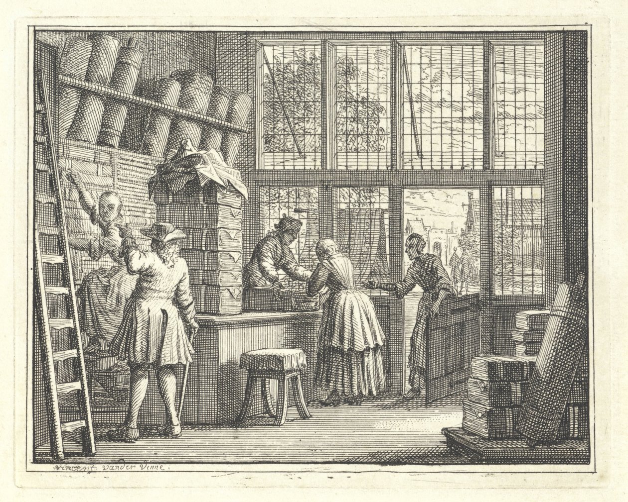 Interiør i en stofbutik af Vincent Laurensz. van der Vinne (II)