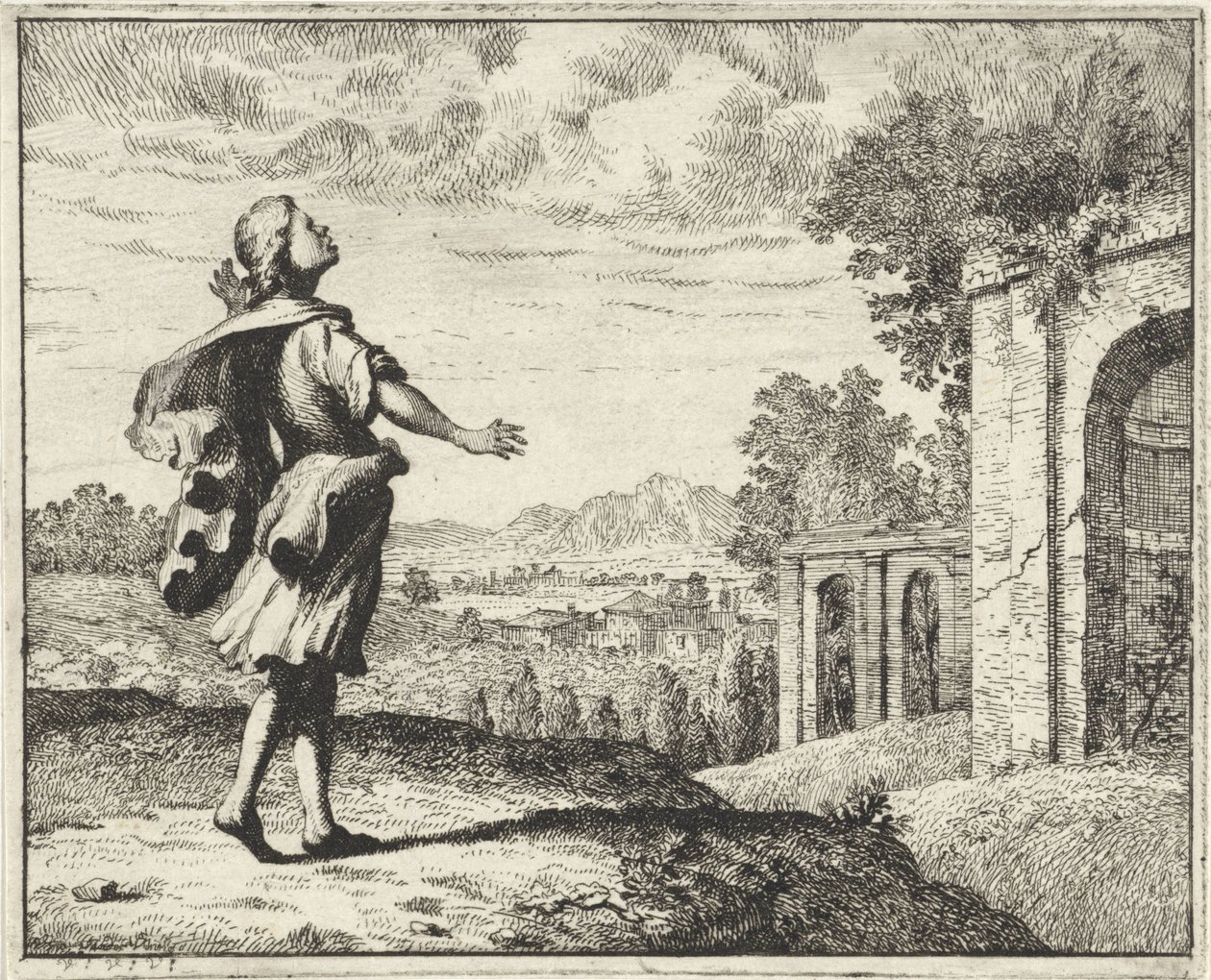 Mand i et landskab ser op mod himlen af Vincent Laurensz. van der Vinne (II)