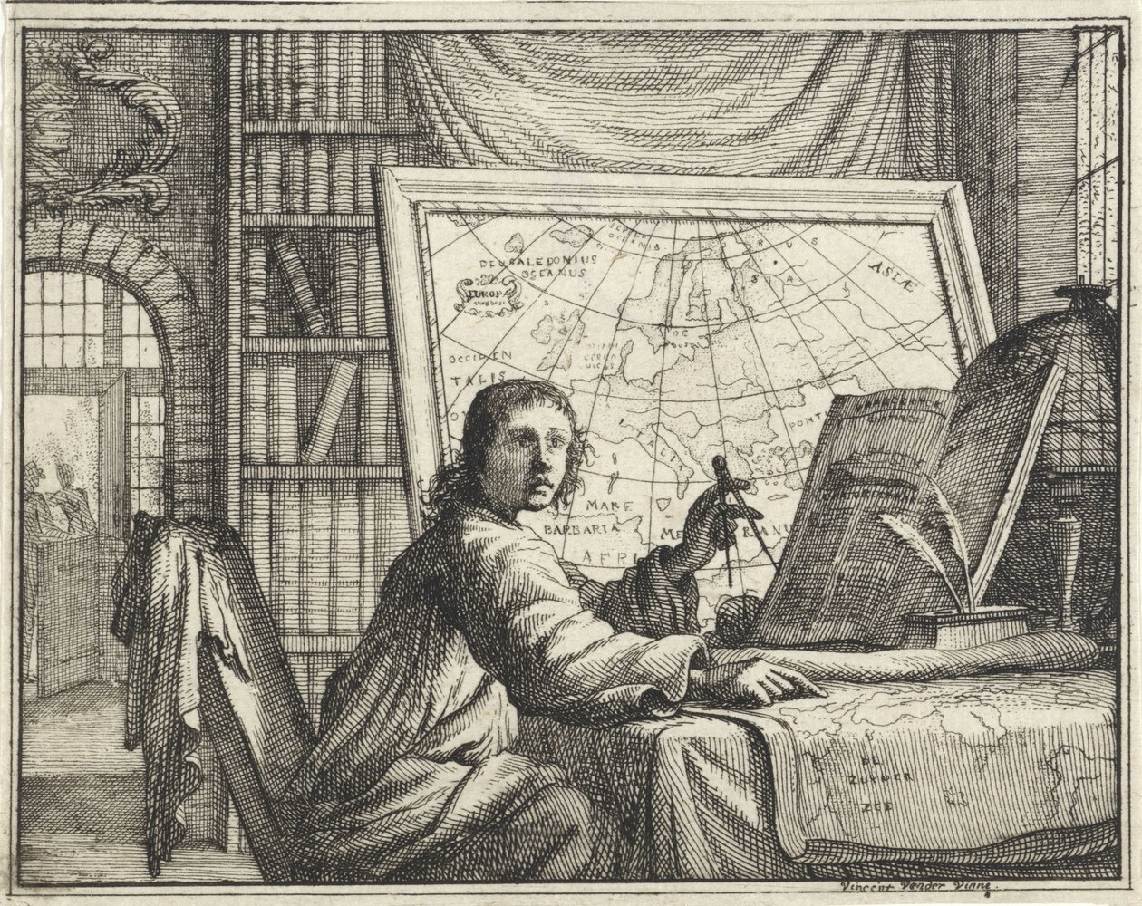 Mand med kompas ved kort af Vincent Laurensz. van der Vinne (II)