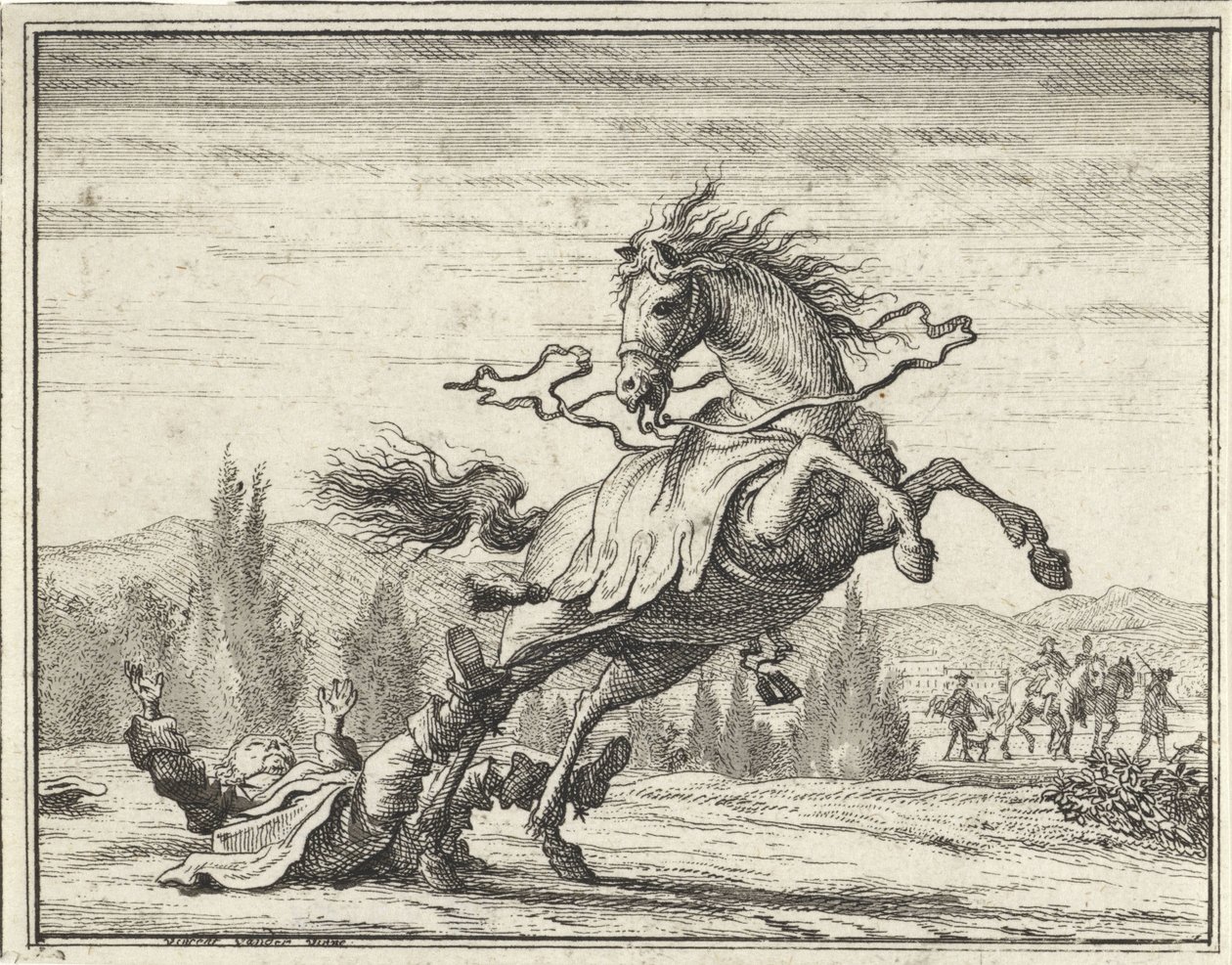 Mand falder af en hest af Vincent Laurensz. van der Vinne (II)
