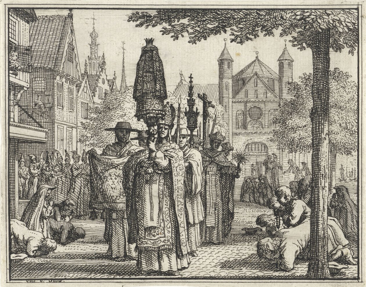 Procession med en statue gennem en gade af Vincent Laurensz. van der Vinne (II)
