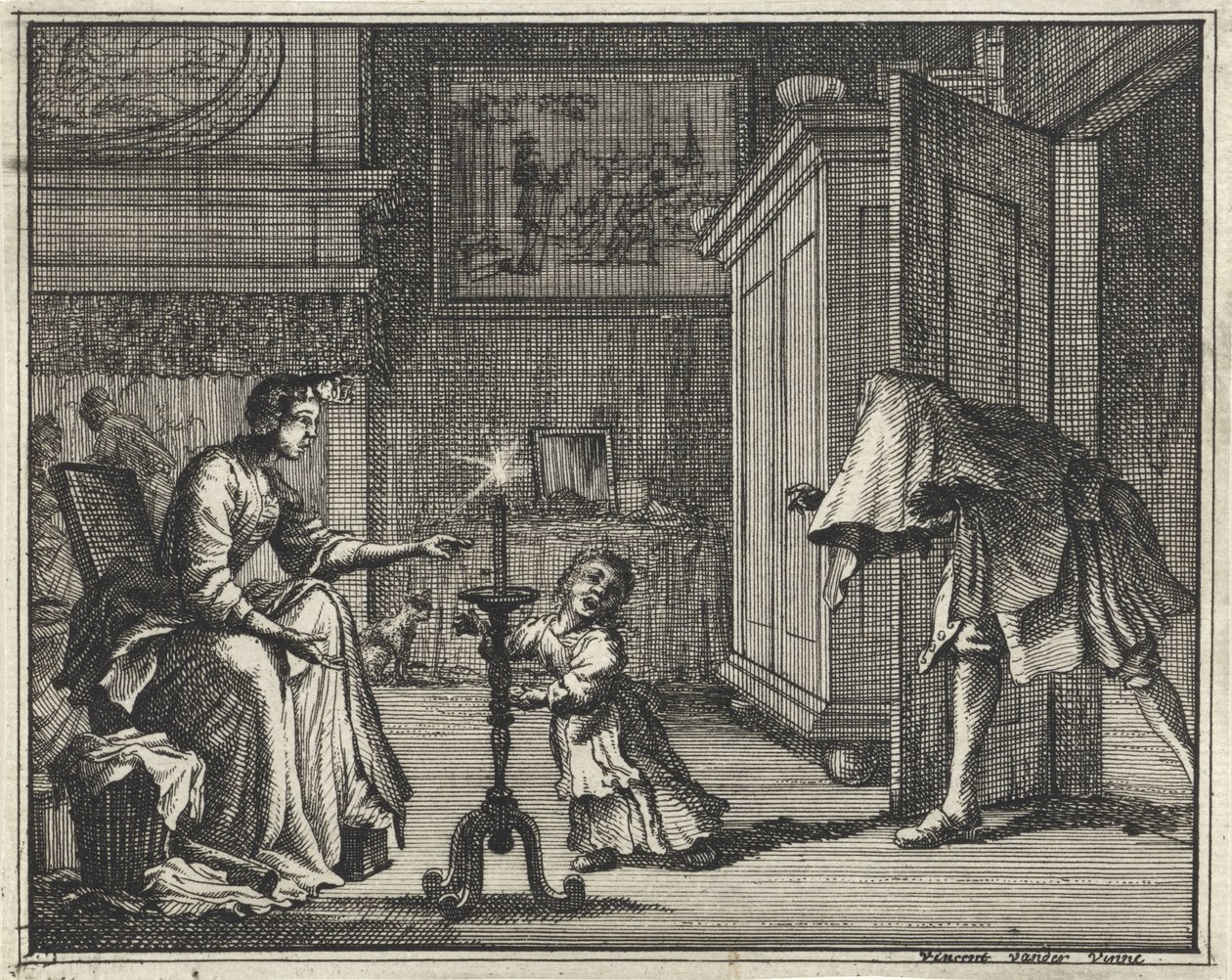 Far skræmmer et barn i et interiør af Vincent Laurensz. van der Vinne (II)