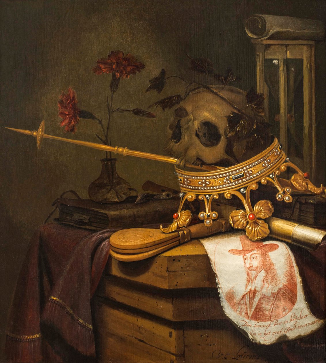 Et Vanitas-stilleben med kranie, krone, scepter, fløjte, bælge, timeglas, nelliker i en glasvase, rulle, bog og et indgraveret portræt af Charles I af Vincent Laurensz van der Vinne