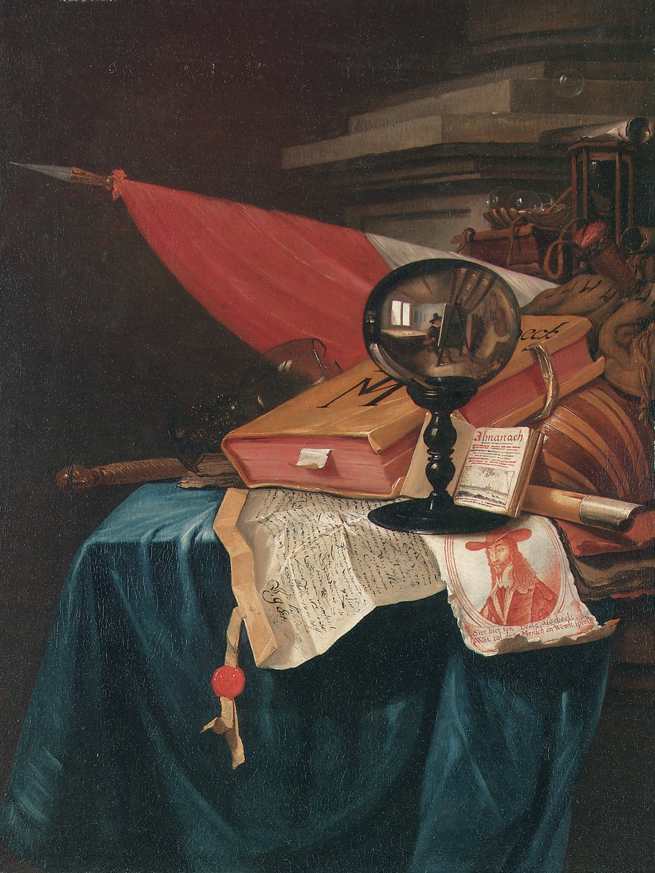 Vanitas stilleben med kunstneren ved sit staffeli reflekteret i en krystalkugle af Vincent Laurensz van der Vinne