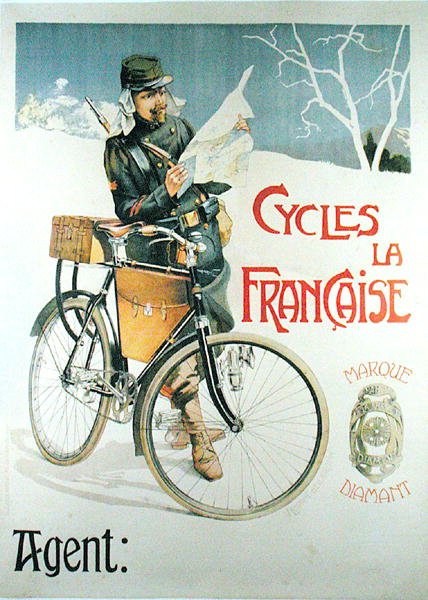 Soldat med cykel, der læser et kort, plakat med reklame for cyklerne "La Francaise" (farve litografi) af Vincent Lorant Heilbronn