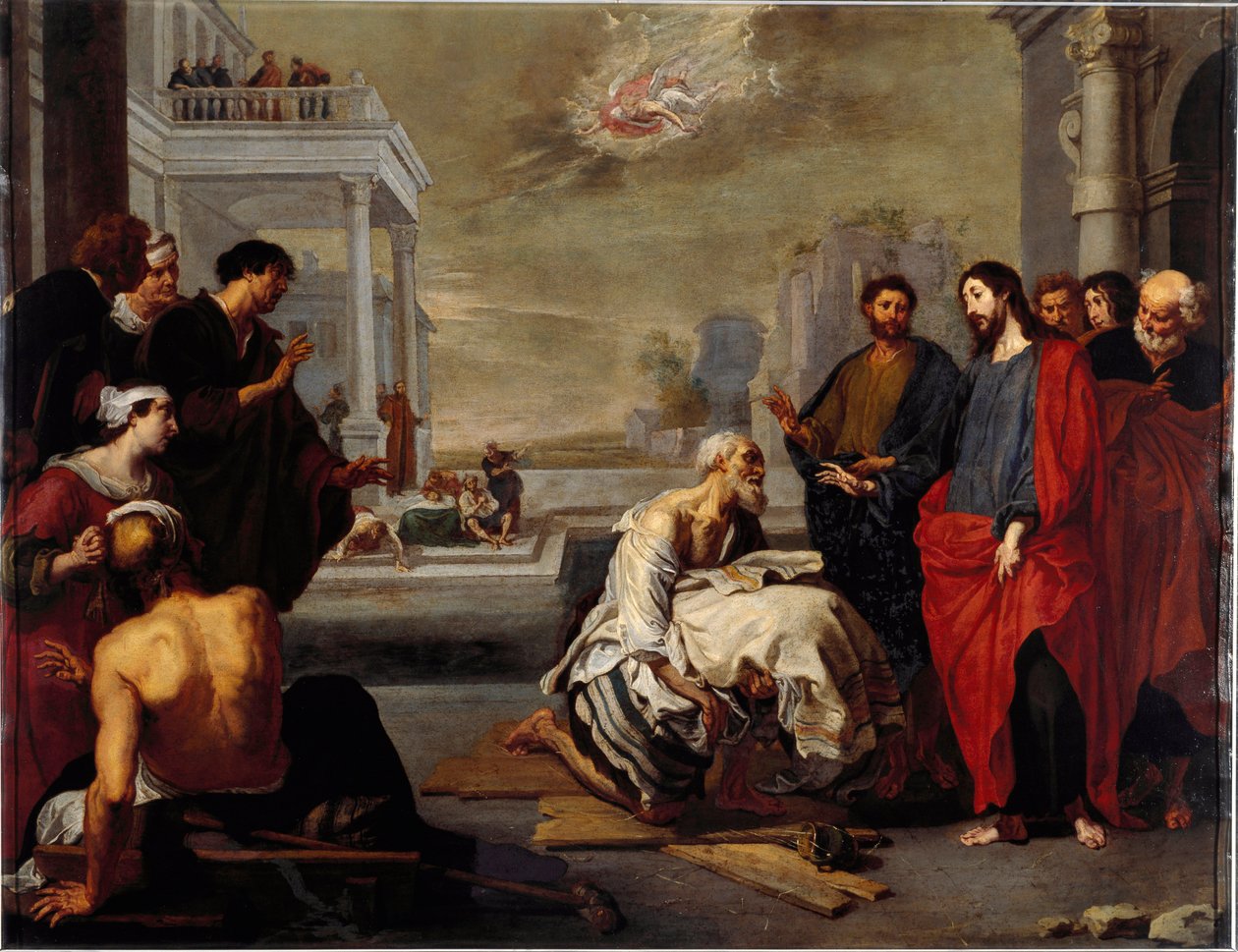 Jesus bekymrede mirakuløst en lam ved Capharnaum Maleri af Vincent Malo (ca. Genes, National Gallery of Palazzo Spinola Italien af Vincent Malo