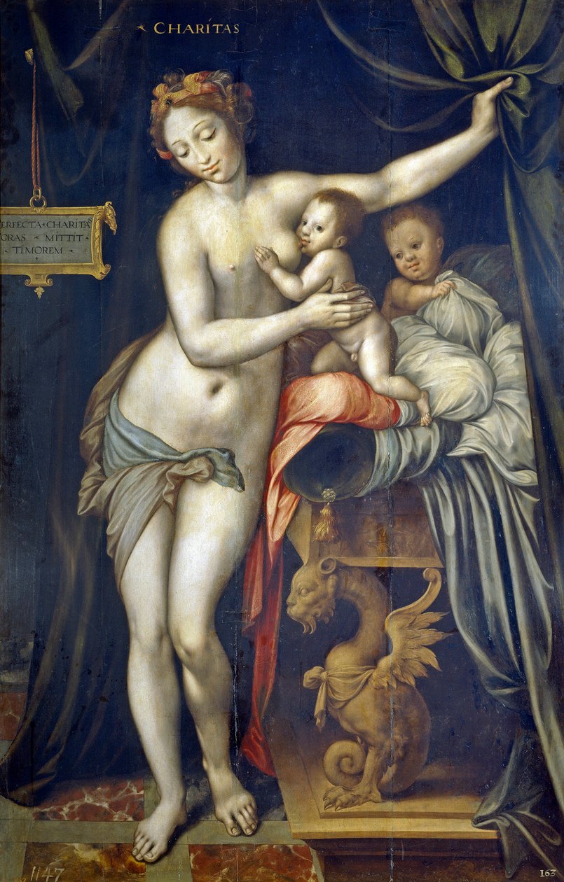 Charity af Vincent Sellaer (1490-1564), ca 1555 - Olie på træ af Vincent Sellaer