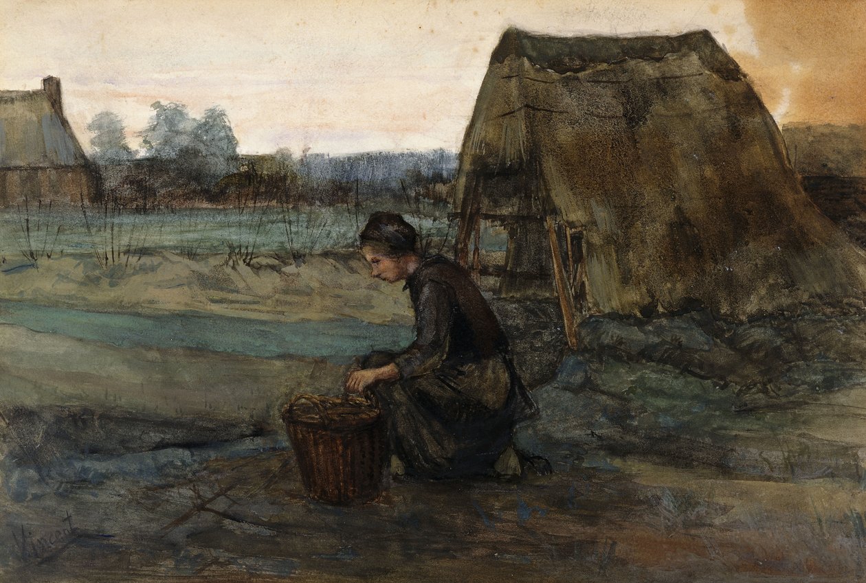 En knælende Bondekone foran en Hytte; Bondekvinde knælende foran en hytte, 1883 af Vincent van Gogh