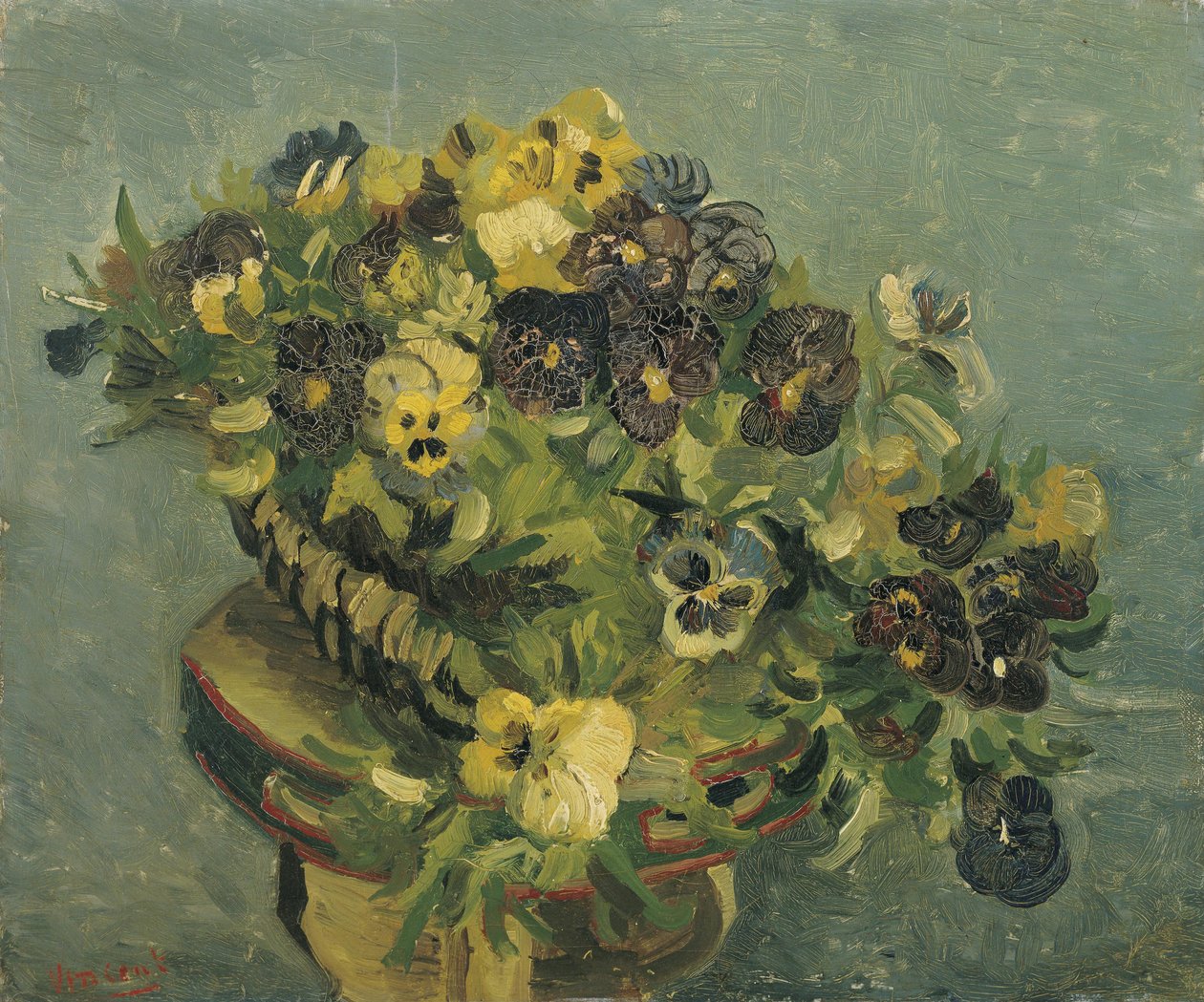 En kurv med stedmoderblomster på et lille bord af Vincent van Gogh