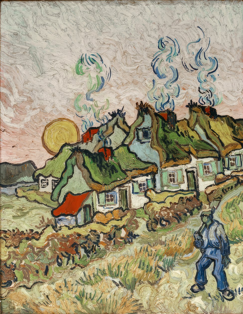 Bondegårde ved solnedgang af Vincent van Gogh