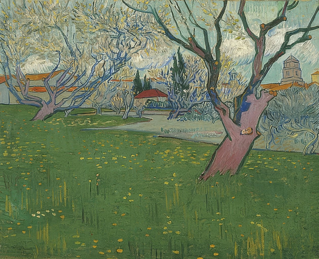 Blomstrende frugthave med udsigt over Arles. 1889 af Vincent van Gogh