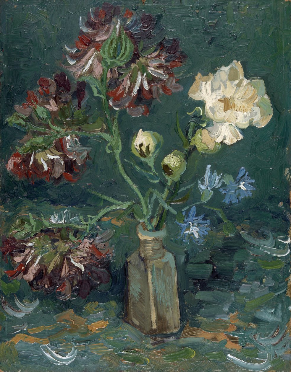 Flaske med pæoner og blå delphiniums af Gogh, Vincent, van (1853-1890). Olie på pap, størrelse: 34,5x27 af Vincent van Gogh