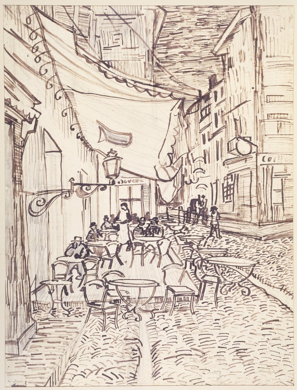 Caféterrasse om aftenen, september 1888 (rørfod og blæk med grafit på bindet papir) af Vincent van Gogh