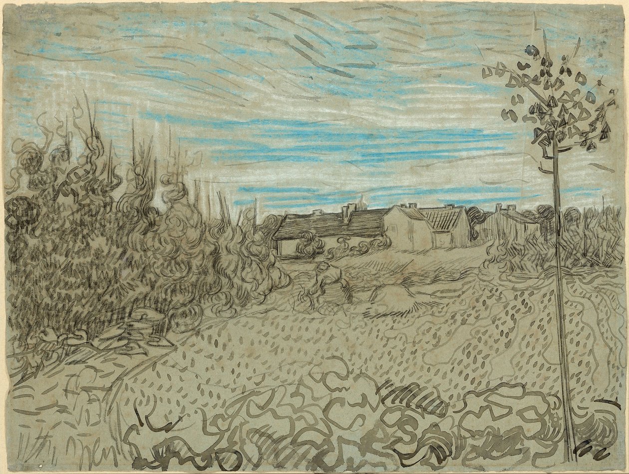 Sommerhuse med en kvinde, der arbejder i mellemgrunden af Vincent van Gogh