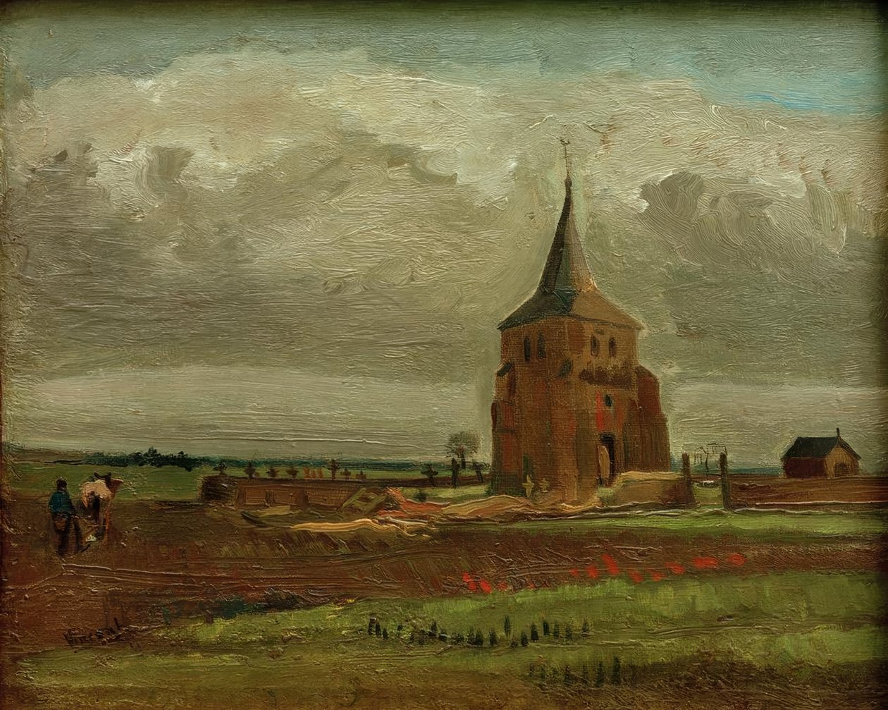 Det gamle kirkegårdstårn i Nuenen med en pløjebonde af Vincent van Gogh