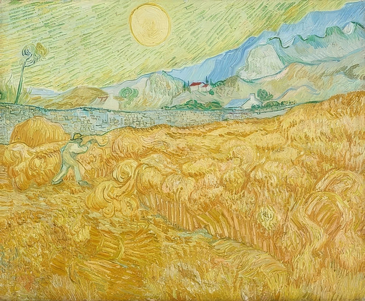 Høsten, kornmark med høstmaskiner (La moisson). 1889 af Vincent van Gogh