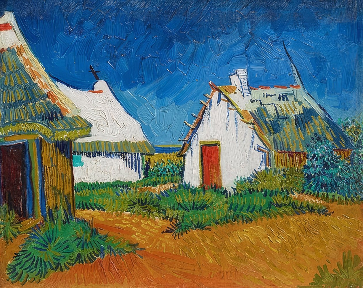 Drei weiße Hütten i Saintes-Maries (Hvide hytter i Saintes-Maries). 1888 af Vincent van Gogh