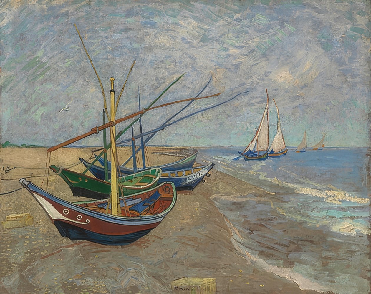 Fiskerbåde på stranden ved Les Saintes-Maries-de-la-Mer. Arles, juni 1888 af Vincent van Gogh