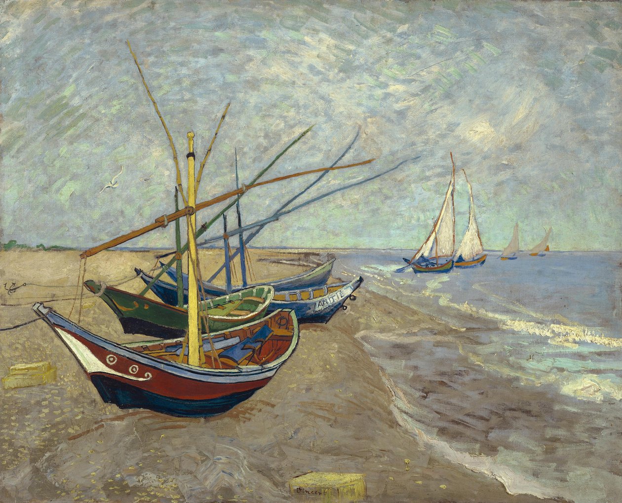 Fiskebåde på stranden ved Les Saintes-Maries-de-la-Mer af Vincent van Gogh