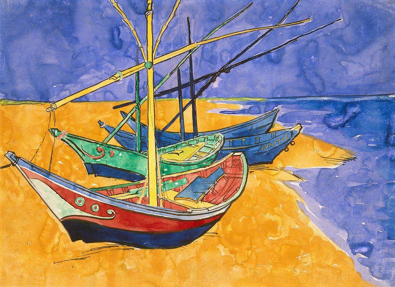 Fiskerbåde på stranden ved Saintes-Maries-de-la-Mer (pen & blæk med akvarel på papir) af Vincent van Gogh