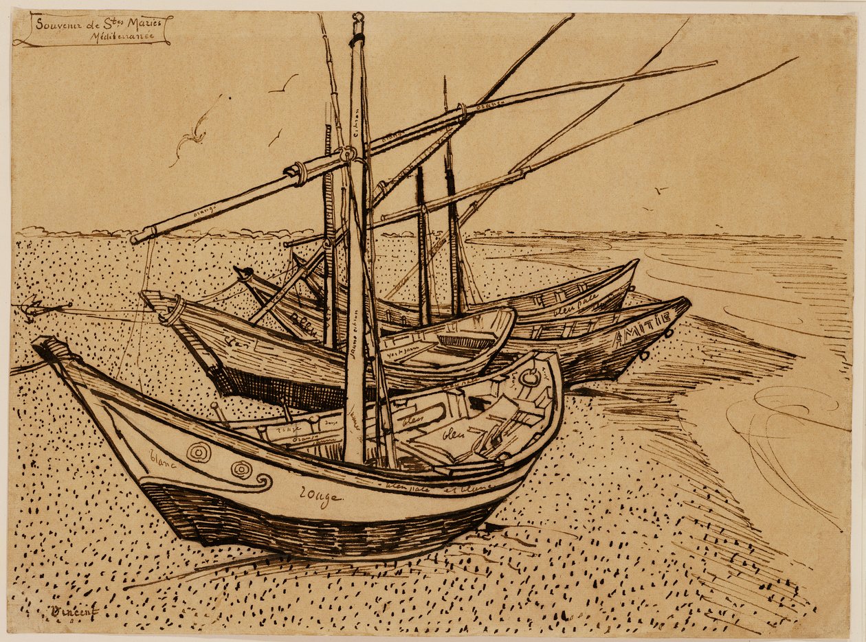 Fiskerbåde på stranden ved Saintes-Maries-de-la-Mer af Vincent van Gogh