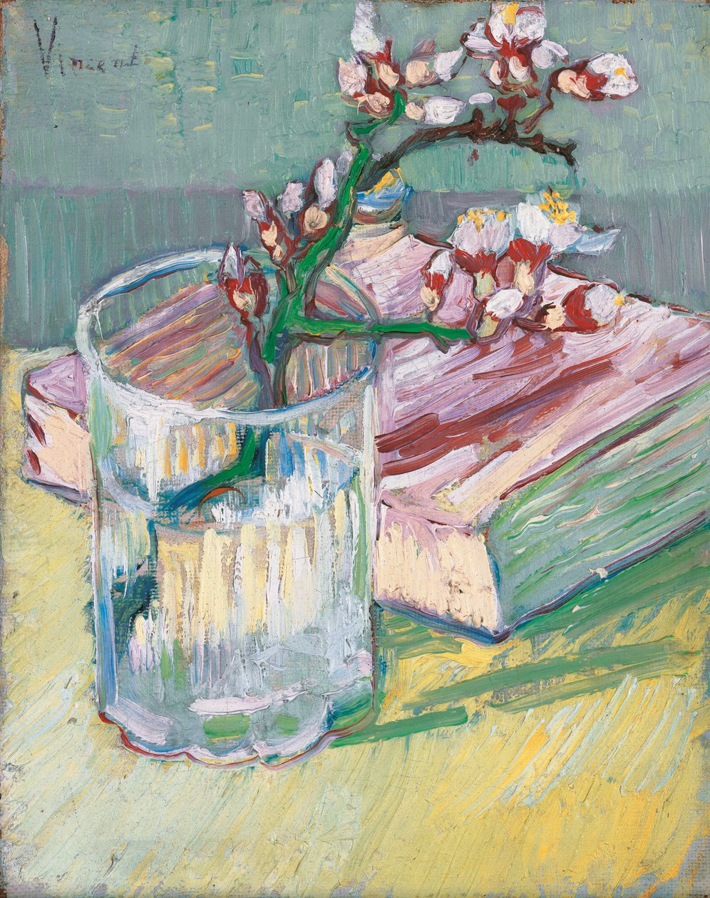 Blomstrende mandelgren i et glas med en bog, 1888 af Vincent van Gogh